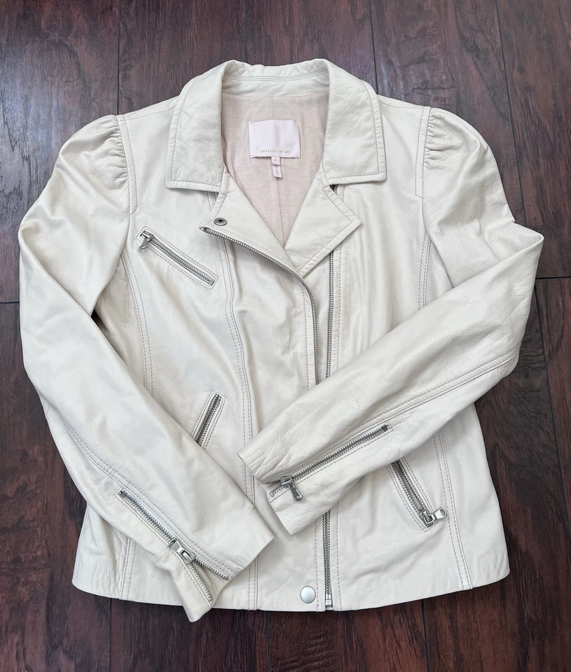 Chaqueta motera de cuero para mujer Rebecca Taylor vainilla talla mediana Foto 1 de 4