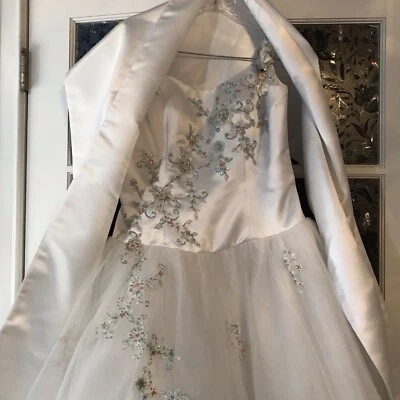 tiffany designs size 12 dress white with blue beads,pink and green with wrap - Image 1 of 4