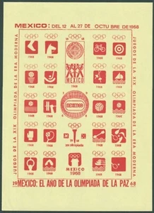 F-EX48122 OLYMPIC GAMES MEXICO 1968 RED CINDERELLA SHEET YELLOW PAPER NO GUM. - Picture 1 of 1