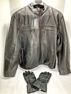 MOSSI Men's Leather Rally Jacket Sz 52 with BLK Leather Gloves XLg/12 NEW! - Imagem 1 de 4