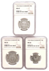 CAMBOGIA 1953 10 20 50 CENTESIMI ESSAI NGC MS 66 MS 67 MS 66 SET DI 3 MONETE - Foto 1 di 8