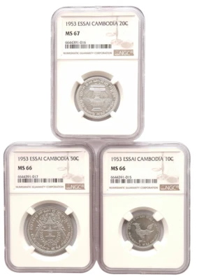 CAMBOJA 1953 10 20 50 CENTAVOS ESSAI NGC MS 66 MS 67 MS 66 CONJUNTO DE 3 MOEDAS - Imagem 1 de 4