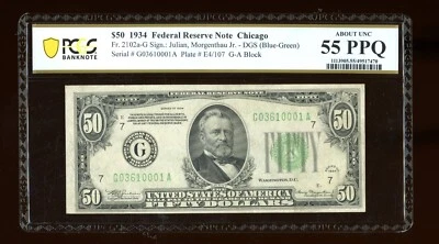 DBR 1934 $50 DGS FRN Chicago Fr. 2102-Gdgs PCGS-B 55 PPQ Serial G03610001A - Image 1 of 2