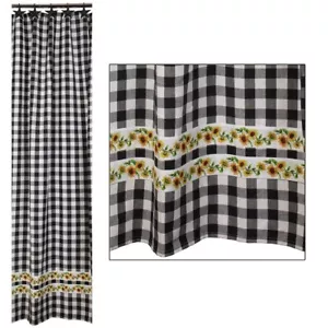 New Country Farmhouse Cottage WHITE BLACK CHECK SUNFLOWER SHOWER CURTAIN 72" - Picture 1 of 2