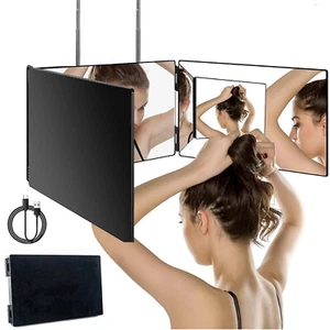 3 Way LED Mirror for Self Hair Cutting 360° Trifold Barber Mirrors 3 Side Makeup - Picture 1 of 2