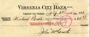 Cheque bancario Virginia City Nevada 1922 John McGrath a Wieland Bros. - Imagen 1 de 2