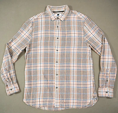 Topman Shirt Mens Large Beige Blue Long Sleeve Check Button Up Casual - Image 1 of 4