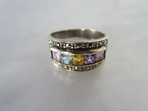 BEAUTIFUL ORIGINAL VINTAGE SOLID STERLING SILVER MULTICOLOR GEMSTONE RING - Picture 1 of 13