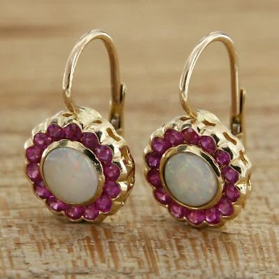 Ohrringe Ohrhänger Echt Gelb GOLD 585 mit RUBIN Weiß OPAL Brisur Boutons Italien - Bild 1 von 4