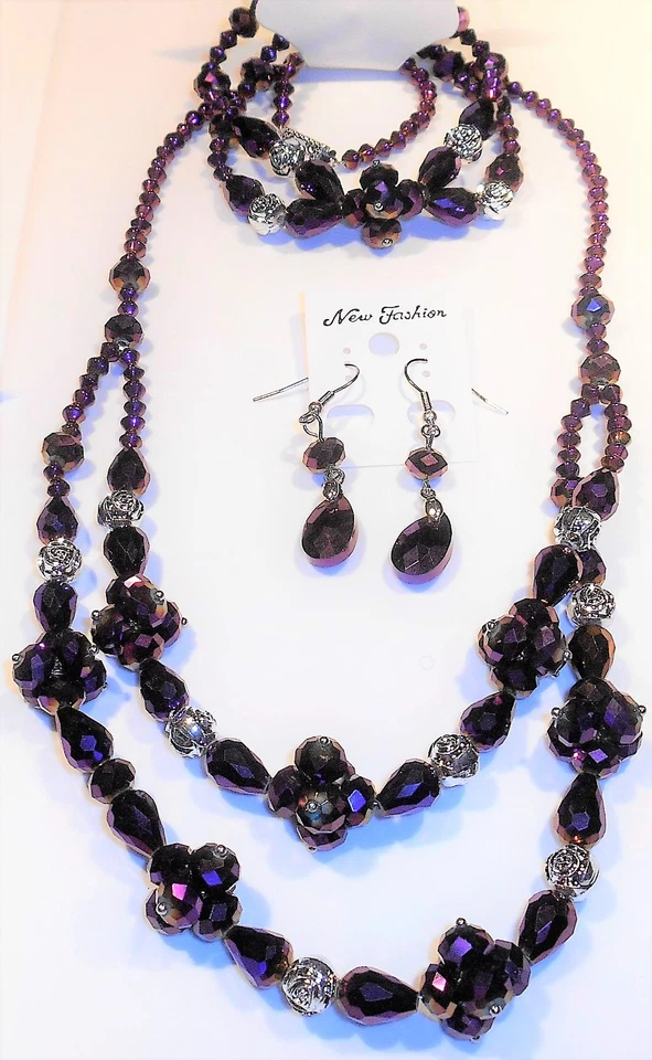 Necklace Earring Bracelet Set, 2 Strand, SF Pewter, Brass, Steel, Metlc Purple.. - Image 1 of 1