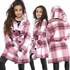 Kids Girls Overcoats Hooded Trench Coats Lapels Wine Check Padded Parka Jackets