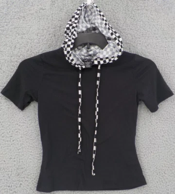 RUE 21 HOODIE SHIRT WOMENS SZ S BLACK CHECKERED HOOD DRWSTRING SHORT SLEEVE NWOT - Image 1 of 4