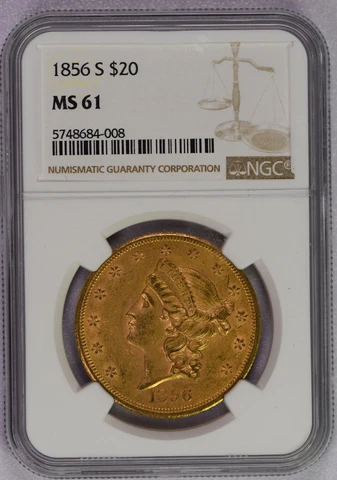 1856 S $20 Gold Liberty Head MS61 NGC - rare in Uncirculated!!! Free Shipping!!! Cover