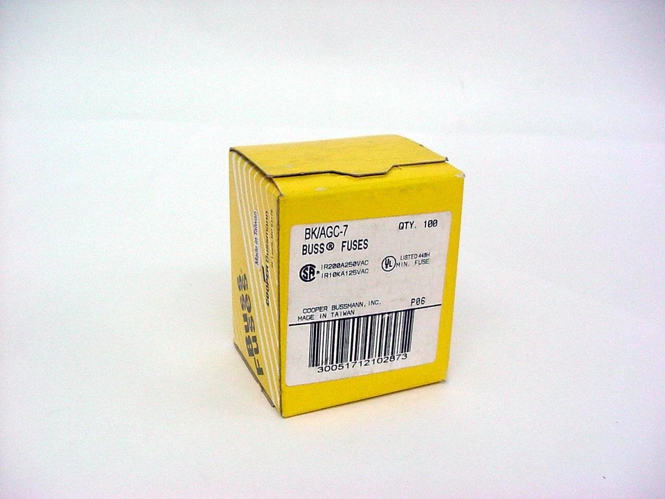 Cooper Bussman BK/AGC-7, AGC-7,Glass Fuse, NIB, Sealed Box of 100 Each - Image 1 of 1