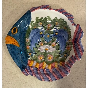 Vintage Hand-Painted Greek Fish Platter Peacock Floral Ceramic Tray Please read - Picture 1 of 7