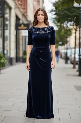 Vestido de Noche Adrianna Papell Terciopelo 6 Negro Corbata Nupcial Formal Azul Marino Oscuro Foto 1 de 4