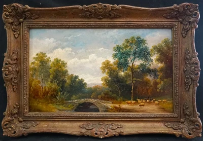 HENRY HARRIS 1852-1926 HOMEWARD BOUND SHEEP BY STONE BRIDGE Antique Oil Painting - image 1 of 4