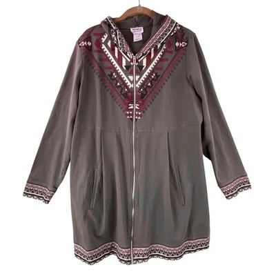 Monroe & Main Long Sweatshirt Hooded Jacket Size XL Taupe Southwest Western - Image 1 of 4