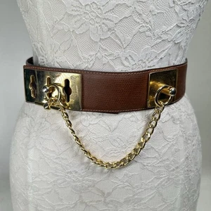 Vtg Italian Leather Belt Women S Brown Gold Tone Horse Ring Chain Toggle - Picture 1 of 17