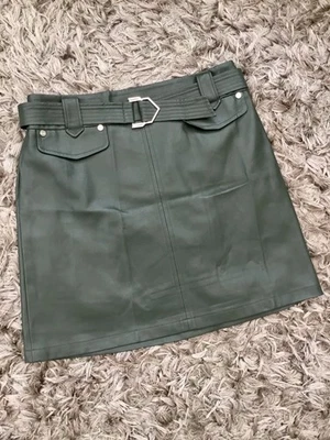 F&F Olive Green Faux Leather Look A-Line Belted Pleather Mini Skirt Size 10 - Image 1 of 4