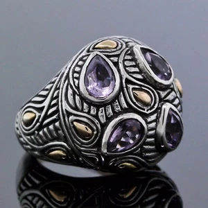 Bali Design Jewelry 925 Sterling Silver 18K Yellow Gold Amethyst Mosaic Ring - Picture 1 of 3