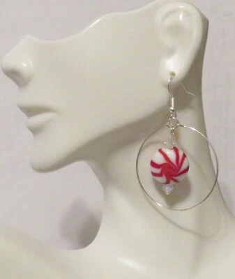 Dainty Hoop Peppermint Center Earrings 1 1/2" Lightweight Dangle  Hook - Image 1 of 4