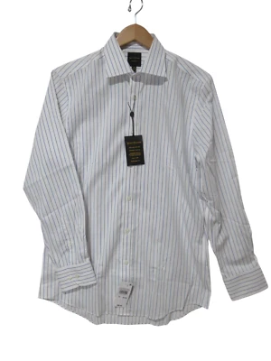 全新带标签 89 美元 15 32/33 Hickey Freeman 正装衬衫白色带蓝色条纹现代版型 — 第 1/4 张图片