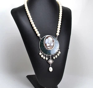 COLLANA IN ARGENTO 925 CON CAMMEI SARDONICO PERLE BIANCHE AGATA VERDE AGLN 0190 - Foto 1 di 3