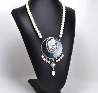 COLLANA IN ARGENTO 925 CON CAMMEI SARDONICO PERLE BIANCHE AGATA VERDE AGLN 0190 - Immagine 1 di 3