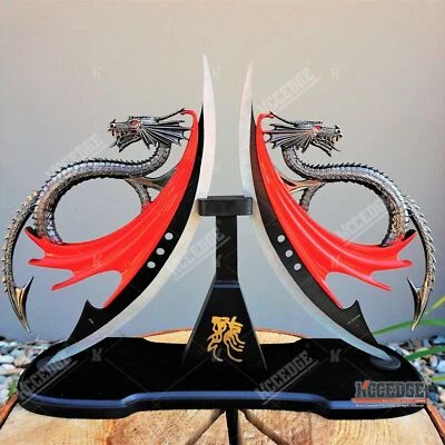 Twin Dragon DAGGER Display Collectibles Unsharpened Blade with Wooden Stand - Image 1 of 3