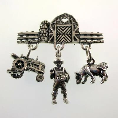 Sterling Silver FARM PIN Tractor FARMER Cow PIG Brown County Silver BARN Brooch - Image 1 of 4