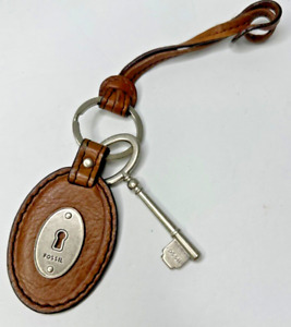 Fossil Key Ring Purse Fob Brown Leather Silver Tone lock oval vintage