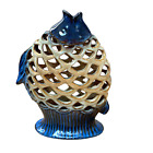 Ceramic Open Mouth Fish Vase Pottery Incense Holder Pottery Cobalt Blue Drip 9"
