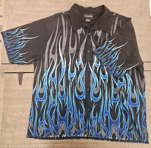 Vintage Y2k No Boundaries Mens XL Blue Flame Shirt Skater Rockabilly Bowling - Picture 1 of 6