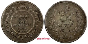 Tunisia Ali III Silver 1309 (1891) A 50 Centimes 1st Year Type XF  KM# 223 (944) - Picture 1 of 3