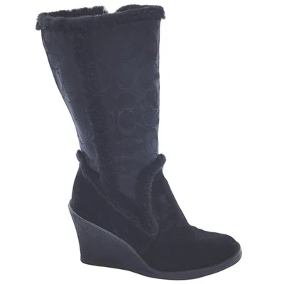 Botas de cuña COACH Jordana negras de gamuza con logotipo de firma ribete de piel a mitad de la pantorrilla 6,5 Foto 1 de 4