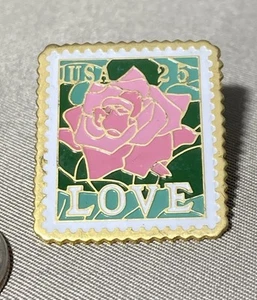 Love US Postage Stamp Pink Rose 25 Gold Tone Vintage Lapel Pin - Early Flower - Picture 1 of 3