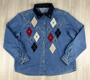 VTG 90s Denim Button-Up Embroidered Shirt Argyle Corduroy Western Cottagecore S - Picture 1 of 9