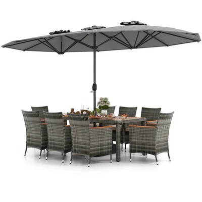 10 PCS Patio Wicker Dining Set w/ Double-Sided Patio Umbrella 8 Armchairs - Image 1 of 4