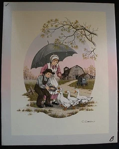 C. CARSON Serigraph Oil Painting Canvas CHILDREN Feeding GEESE in Rain UMBRELLA - Picture 1 of 3