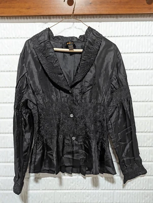 Blusa Jerry T Para Mujer Negra Sedosa Estrás Botones Manga Larga Calada Extra Foto 1 de 4