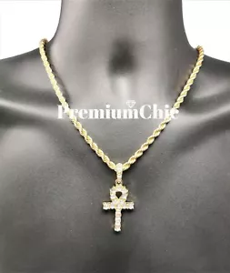 ICED ANKH Cross Pendant and Rope Chain Necklace Mens Hip Hop Plated CZ Jewelry - Picture 1 of 7