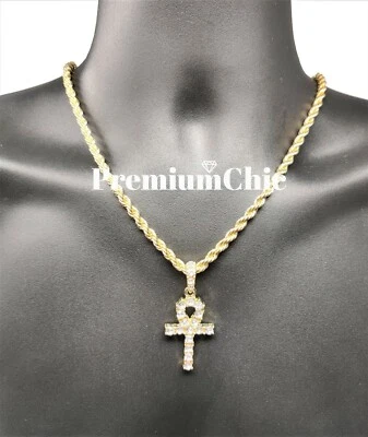 ICED ANKH Cruz Colgante y Cuerda Cadena Collar Para Hombres Hip Hop Chapado Circonita Foto 1 de 3