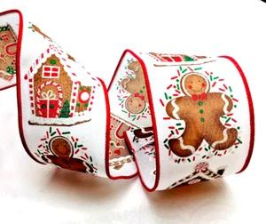 Gingerbread Cookies and Houses 2.5" by 5 yd Red White Wired Ribbon Christmas - Picture 1 of 6