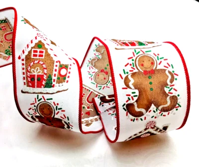 Gingerbread Cookies and Houses 2.5" by 5 yd Red White Wired Ribbon Christmas - Image 1 of 4