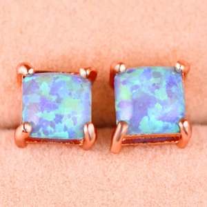 Handmade Square Style 6MM Blue Fire Opal Rose Gold Plated Stud Hook Earrings - Picture 1 of 6