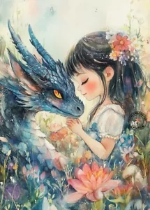 PRINT ACEO Art Card Cute Little Girl Dragon Flower Garden Limited Edition - Picture 1 of 1