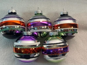 Radko Shiny Brite Halloween ornaments set of 5 glass glitter striped balls EX807 - Picture 1 of 7