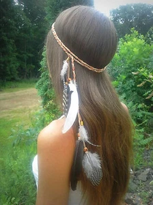 Women BOHO Syn suede Feather beads Braided Beach Hair head band Headband Prop - Picture 1 of 3