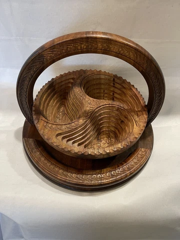 Collapsible Wooden Bowl Basket Handmade Vintage Beautiful Cover